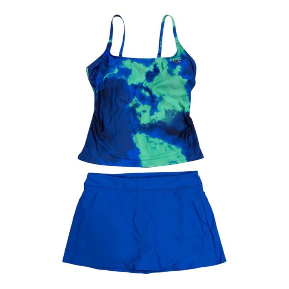 Champion Women’s 4-Way Stretch Tankini and Full Coverage Swim Skirt Set - Blue